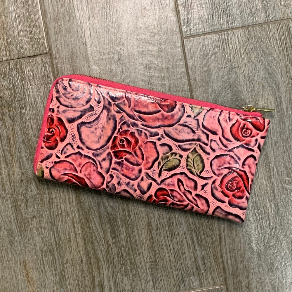 Pink floral leather clutch wallet